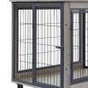 Furniture Style Dog Crate Side Table on Wheels with Double Doors and Lift Top.(Grey; 38.58''w x 25.5''d x 27.36''h)