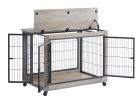 Furniture Style Dog Crate Side Table on Wheels with Double Doors and Lift Top.(Grey; 38.58''w x 25.5''d x 27.36''h)