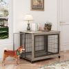 Furniture Style Dog Crate Side Table on Wheels with Double Doors and Lift Top.(Grey; 38.58''w x 25.5''d x 27.36''h)