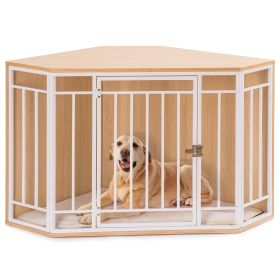 Corner Dog Crate with Cushion; Dog Kennel with Wood and Mesh; Doghouse; Pet Crate Indoor Use (Color: as Pic)