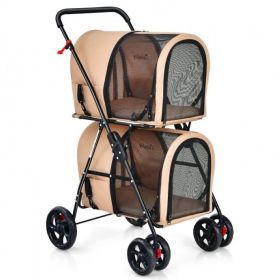 Double Pet Stroller 4-in-1 With Detachable Carrier And Travel Carriage (Color: beige)
